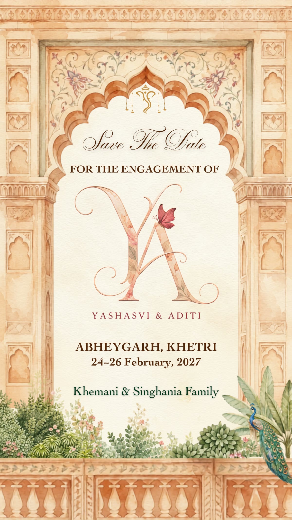 Save the date for the engagement of Yashasvi and Aditi, 24–26 February 2027, Abheygarh, Khetri. Khemani and Singhania Family.